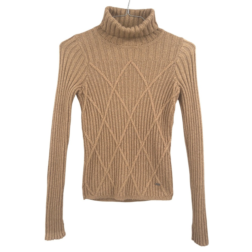 Hollister Womens Turtleneck Cotton Blend Sweater Tan Camel Diamond Cable Knit‎ S